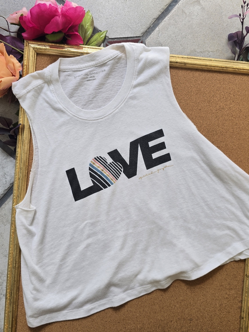 Spiritual Gangster White Tank with Black LOVE and Multicolor Heart